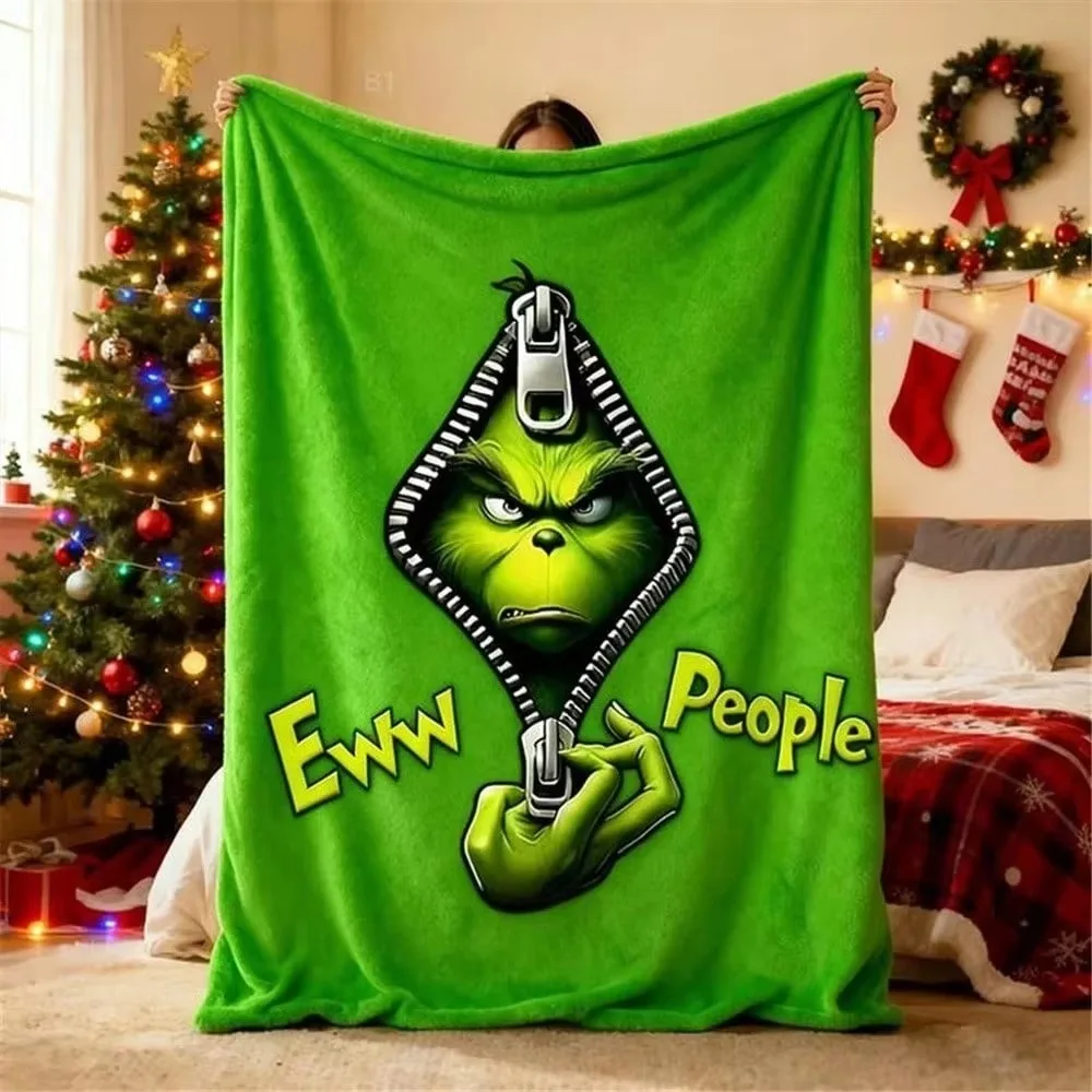 Christmas Green Cartoon Monster Zipper Print Flannel Blanket Holiday Gift for Bedroom Living Room Camping House Decor