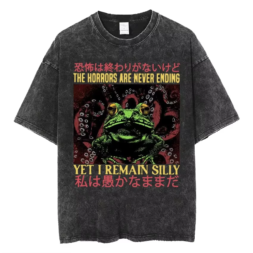 

The Horrors Are Never Ending Yet I Remain Silly T-shirt Funny Japanese Style Frog Retro Washed T Shirt Men's Oversized Tees Tops