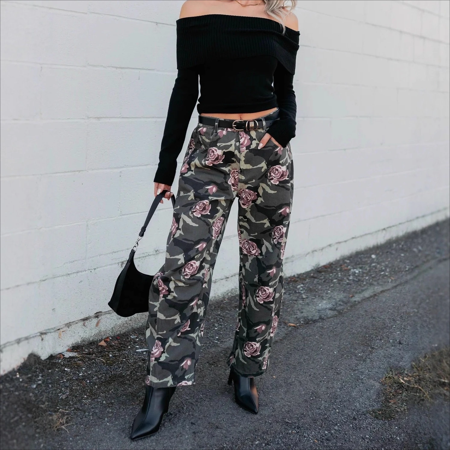 American Camouflage Trousers Women's Flower Rose Print Jeans