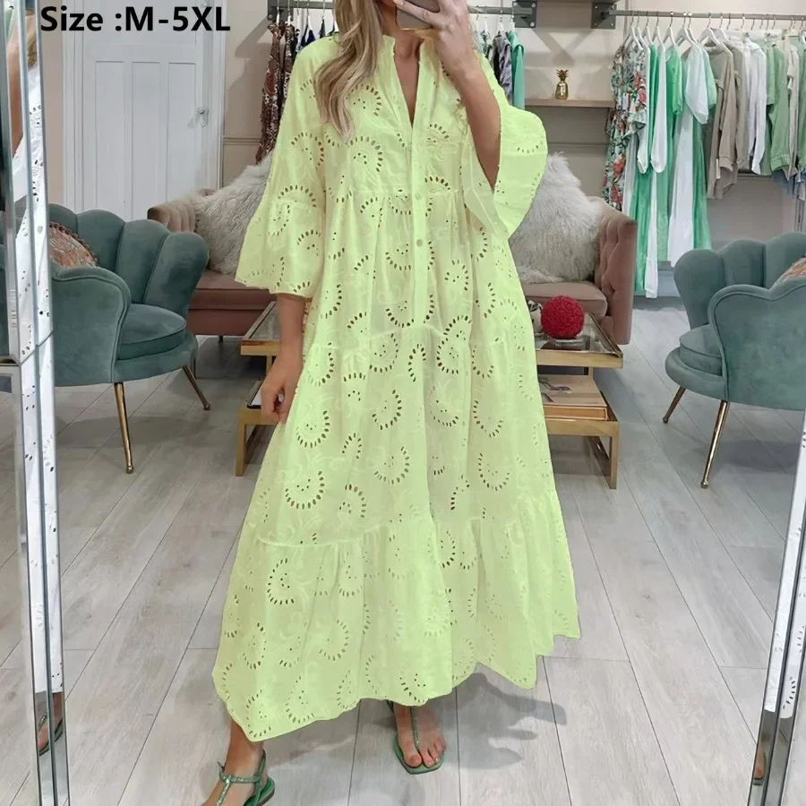 

2024 Women's Elegant Solid Long Dress Sexy V-neck Flare Sleeve Hollow Out Maxi Dresses Casual Loose Female Seaside Vacation Robe