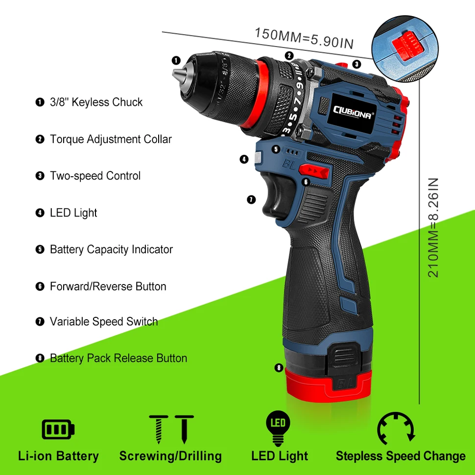 Imagem -03 - Clubiona-lithium-ion Bateria sem Fio Conjunto de Broca Broca Power Conjunto com Bateria e Carregador Keyless Chuck 16.8v 8