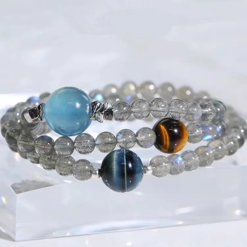 

Женщины из малайзийского лунного камня, высококачественные бусины-разделители из натурального камня, трехслойный браслет из лабрадорита синего света
