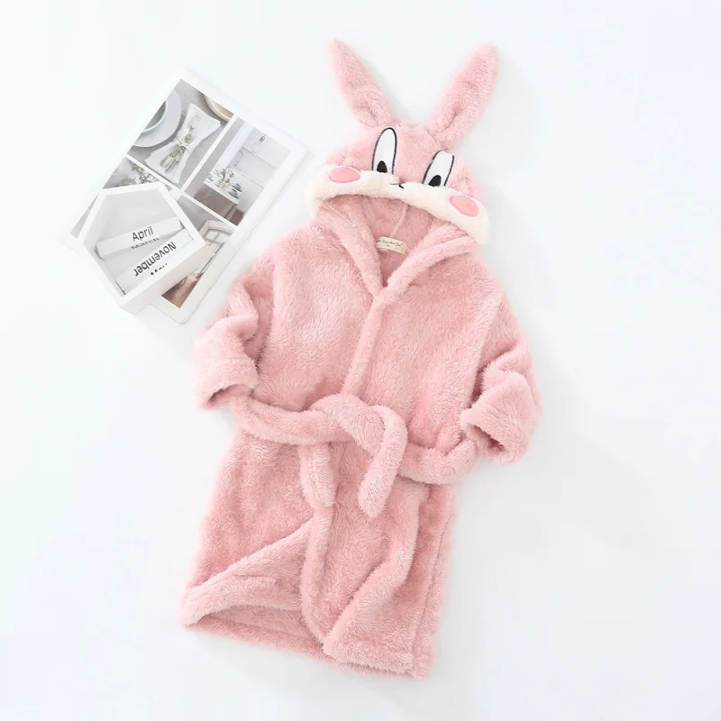 Fall Winter Kids Hooded Bathrobe Baby Bath Robes Boys Girls Cute Cartoon Rabbit Flannel Pajamas Long Sleeve Towel Robe Sleepwear