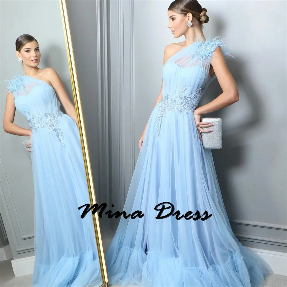 

Mina Customized Backless Evening Dresses Woman Elegant Luxury Evening Dress 2024 Dubai Sleeveless One Shoulder Feather Prom Gala