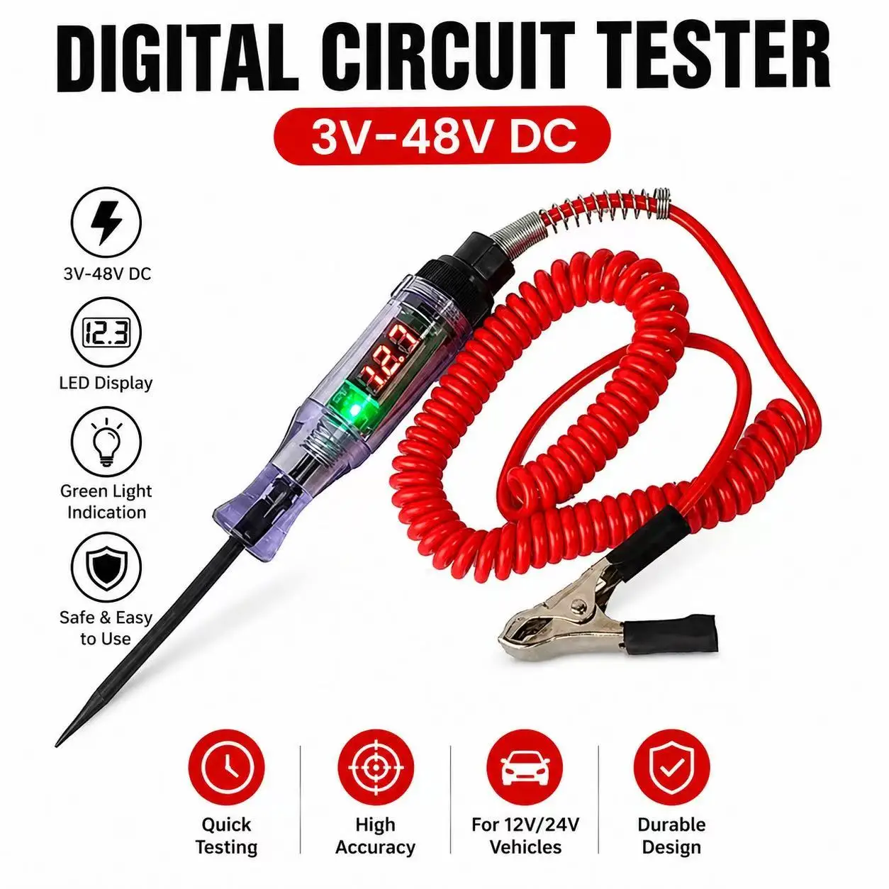 6V 12V 24V DC Car Truck Voltage Circuit Tester Digital Display Long Probe Pen Light Bulb Automobile Diagnostic Tools Auto Repair