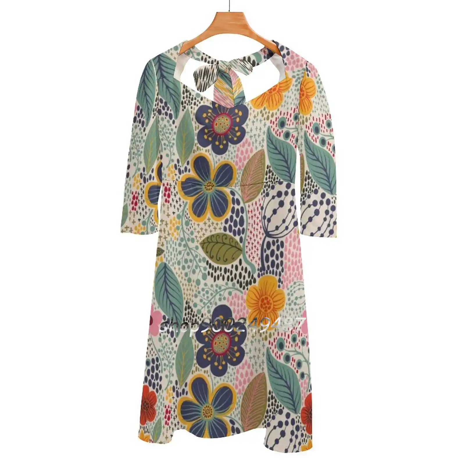 Secret Garden Square Neck Kleid Süße Sommer Kleid Frauen Elegante Halfter Print Kleid Floral Blume Oberfläche Muster Navy Blau