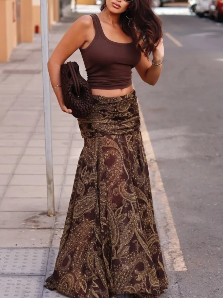 

Юбки с большим подолом и принтом, женские сексуальные лоскутные юбки с высокой талией, контрастная плиссированная длинная юбка, женская новинка 2025 года, летняя женская клубная вечерние юбка