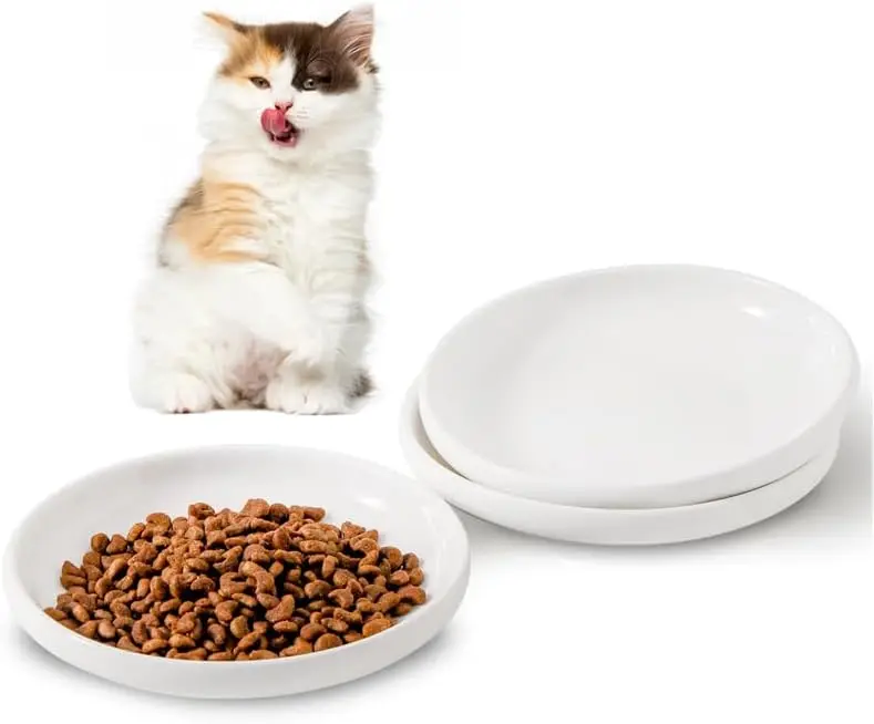 3 Ceramic Cat Bowls, 5.5 Inch Pet Dishes for Food and Water, Small Dog Bowl in White