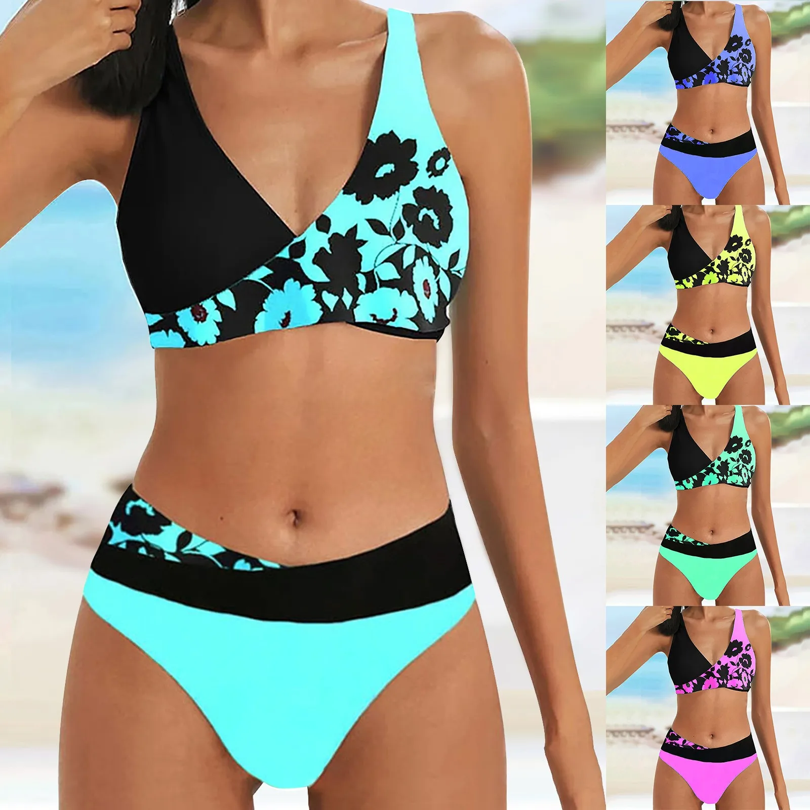 

Women's Printing High Waisted Swimwears Tankinis Sets V Neck High Waist Swimsuit Two Pieces Outfits Ladies Sexy Bikini Sets