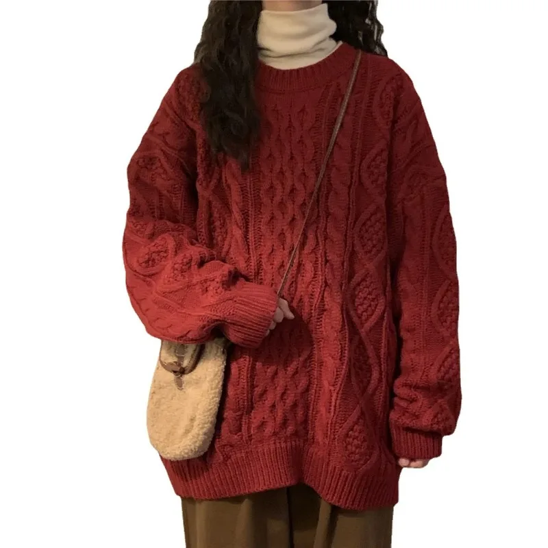 

Redcable вязаный свитер женский осенне-зимний винтажный свободный крой высококачественный утолщенный повседневный свитер в японском стиле с круглым вырезом