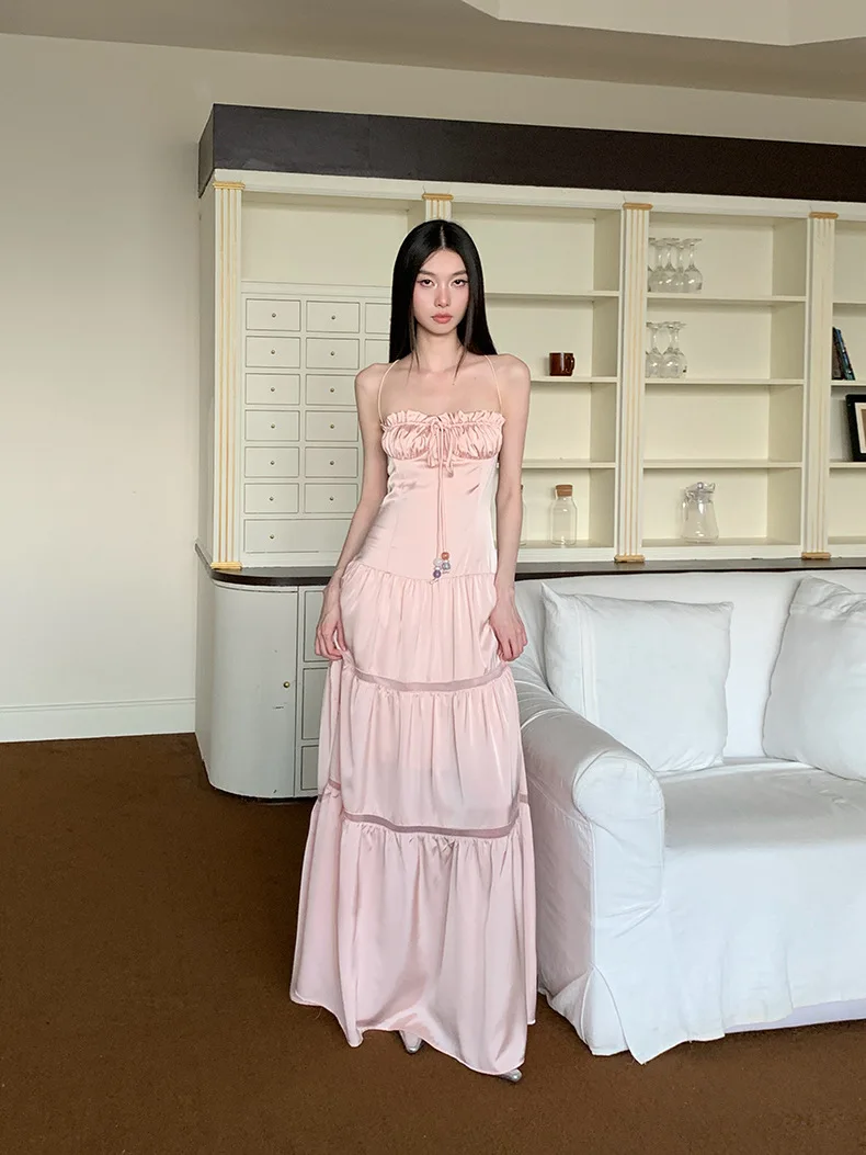 Robe de princesse rétro en Satin rose pour femmes, sans bretelles, à nouer, panneau découpé, coupe cintrée, luxueuse, Style princesse féerique, robe de soirée/gala