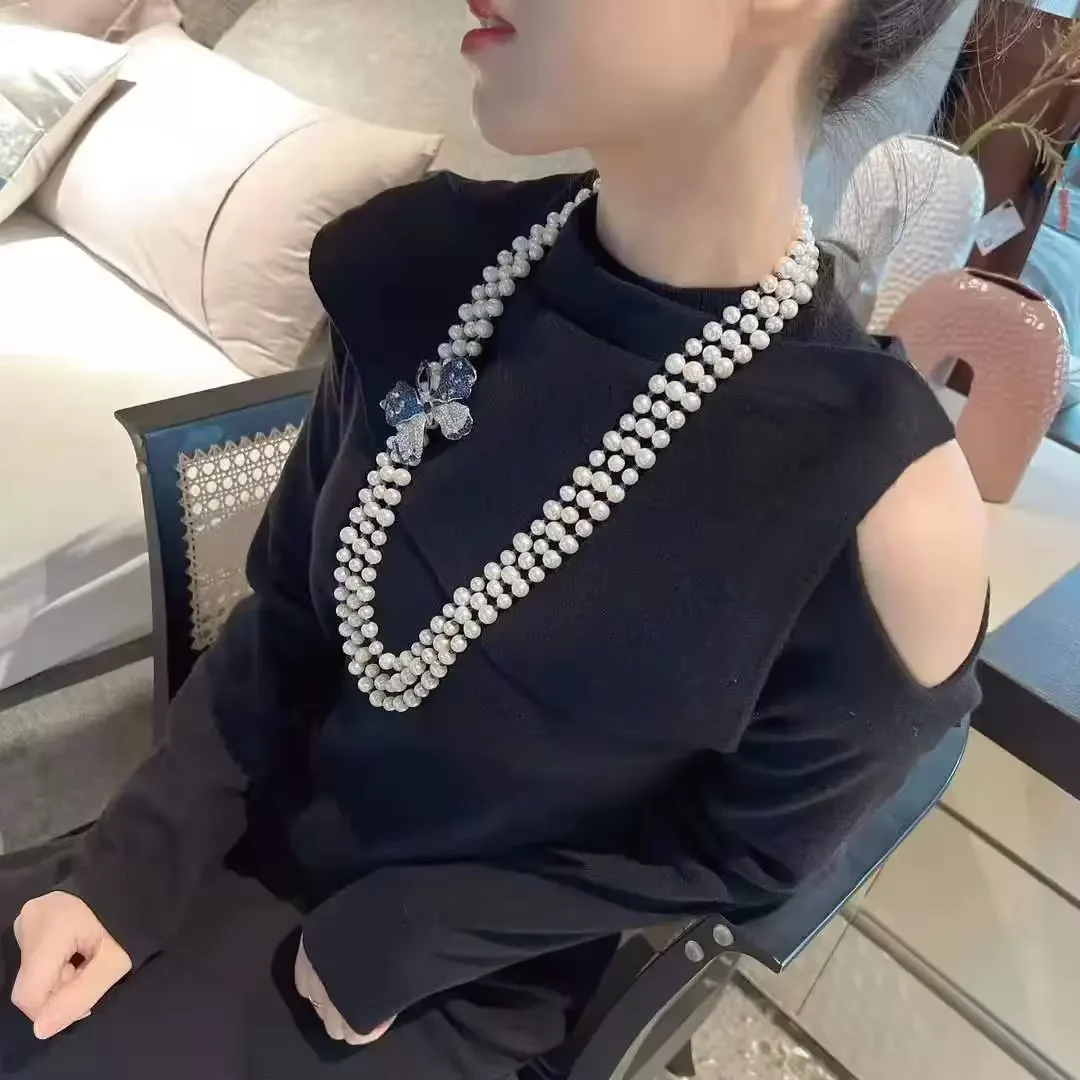 30-33'' 3 Strands White Round Pearl With Blue Butterfly Brooch ornament Long Necklace