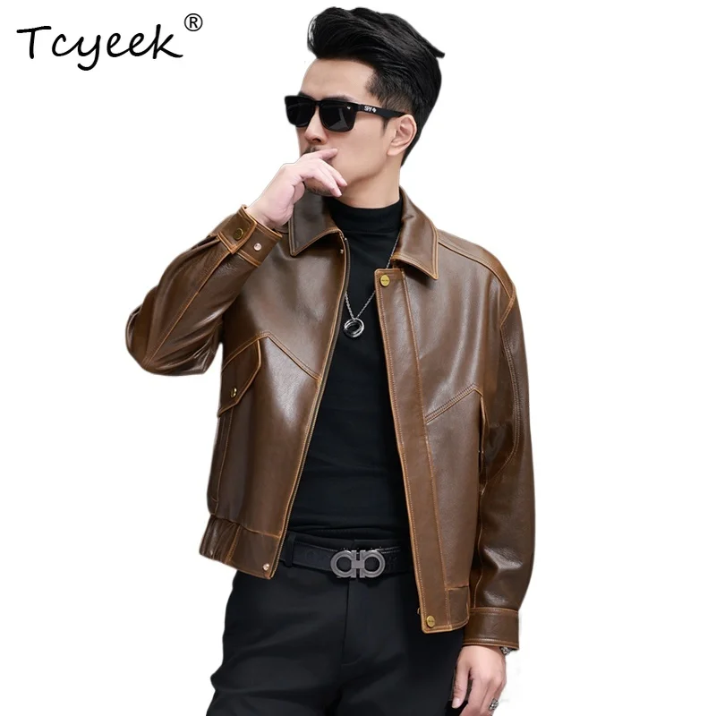 

Tcyeek Верхний слой из коровьей кожи Весна Осень Высококачественная модная короткая мужская куртка с лацканами из натуральной кожи Chaqueta Cuero Hombre 가죽 자켓
