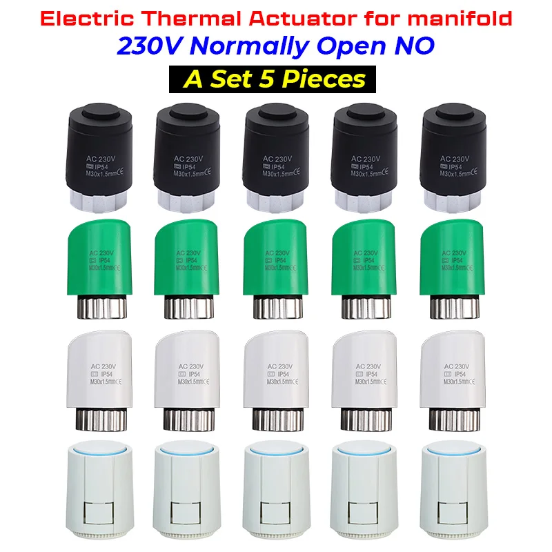Atuador térmico elétrico para o aquecimento Underfloor, 230V, normalmente aberto, NÃO, M30 * 1.5mm, distribuidor, 5 PCes