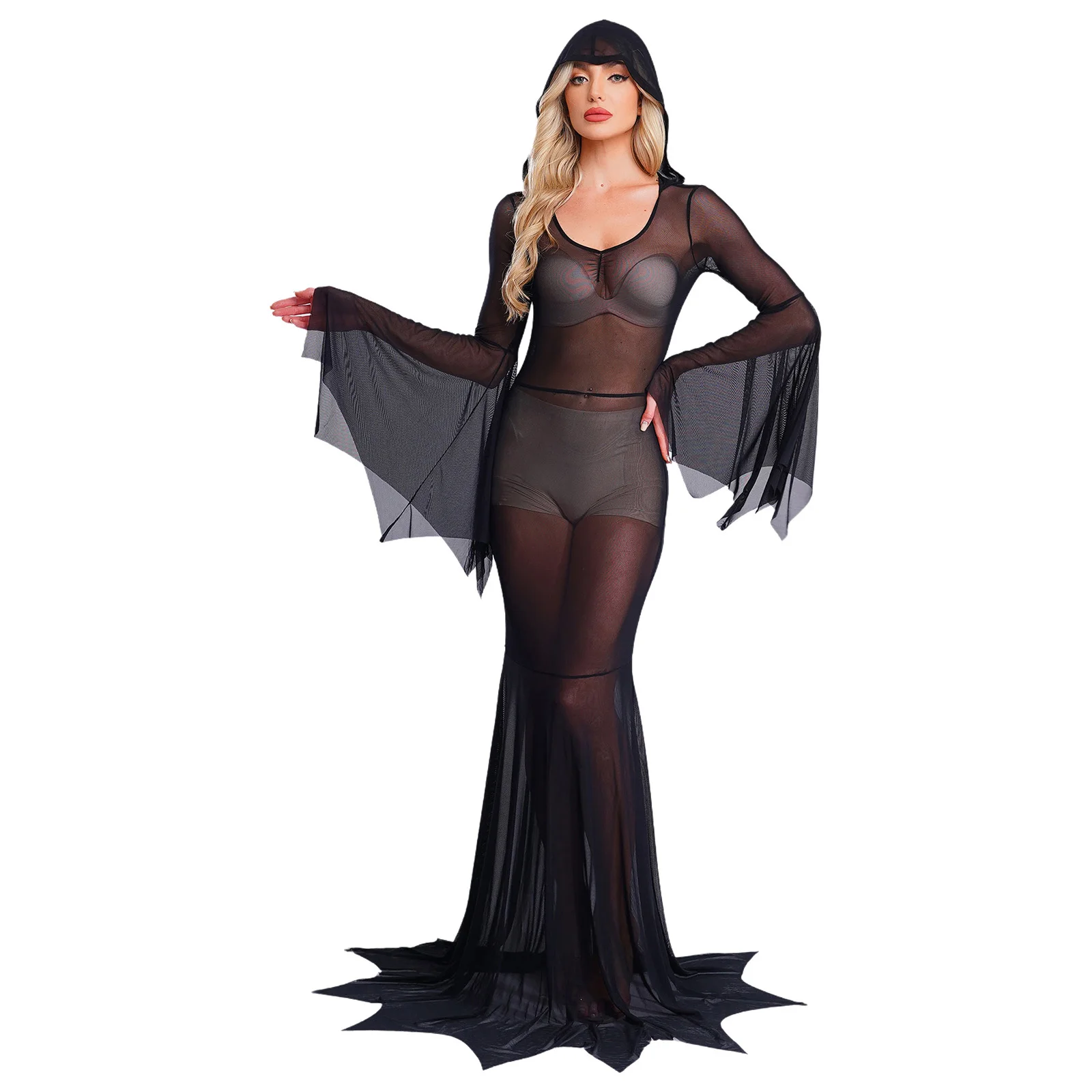

Women Sheer Mesh Witch Vampire Cosplay Cover Dress Gothic See Through Hooded Maxi Dress for Halloween Carnival Role Play Dresses