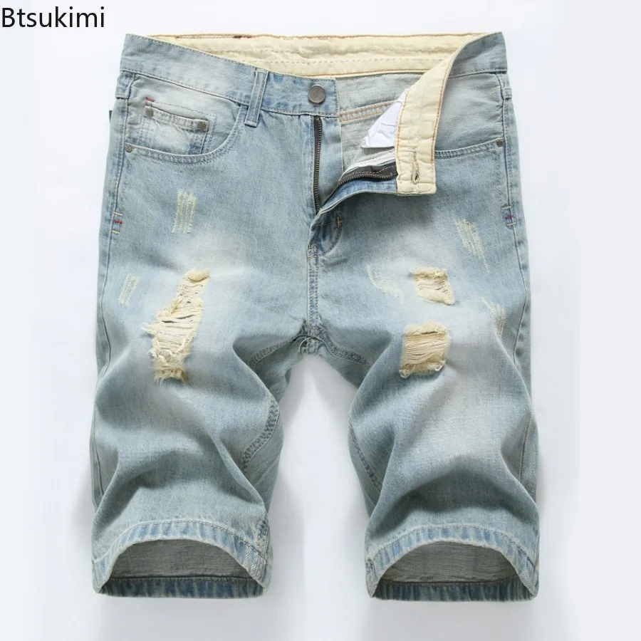2024 Men's Denim Shorts Summer New Style Elastic Slim Fit Short Jeans Fashion Holes Casual Cotton Cowboy Short Trousers for Male