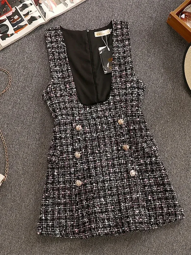 Elegant Autumn Overalls Dress With Ruffles And Plaid Vest.