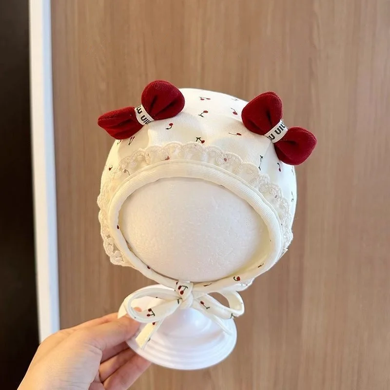 

Newborn Baby Ear Protection Cap Spring Autumn Sweet Lace Bow Princess Caps Infant Girl's Soft Cotton Red Cherry Print Fetal Hats