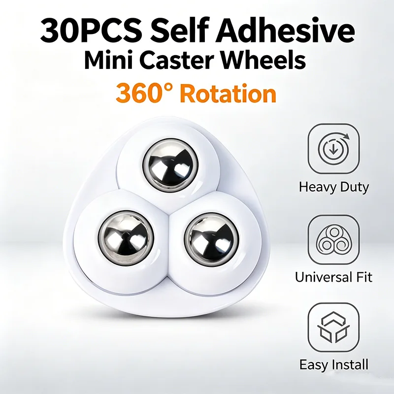 30PCS Adhesive Mini Caster Wheels, 360° Rotating Furniture Wheels for Storage Boxes Cabinets, Self Stick Universal Rollers
