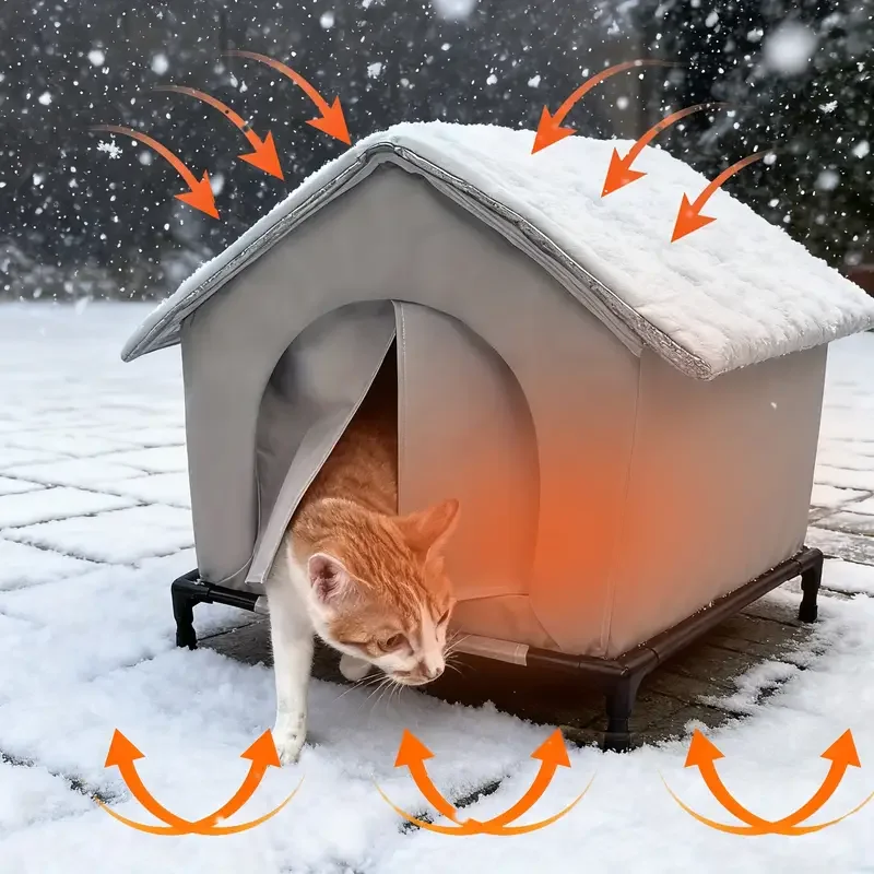 

High Quality Oxford Cloth Outdoor Cat House with Stand - Insulated Shelter with Aluminum Foil Lining, Snow & Wind Protection