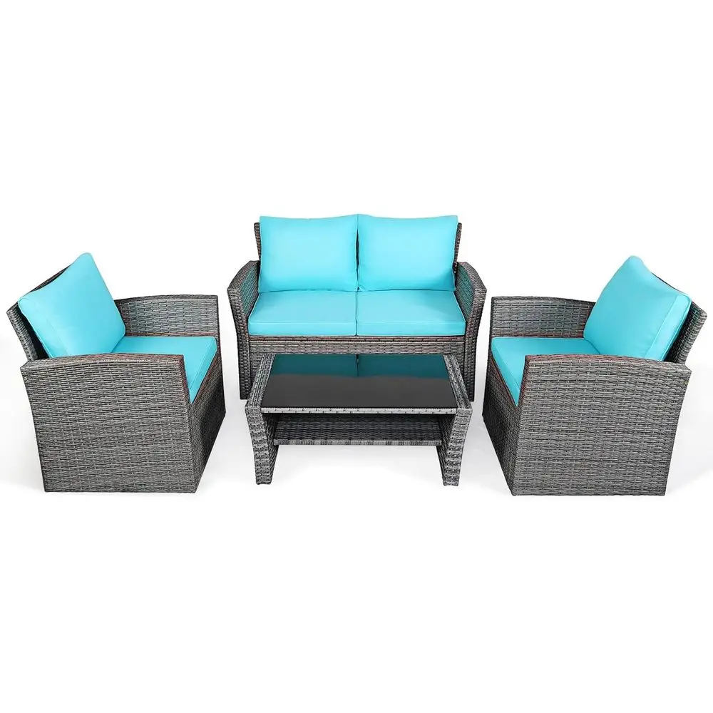 

Бирюзовый всепогодный комплект садовой мебели из ротанга с подушками и кофейным столиком из закаленного стекла для улицы, балкона, заднего двора.