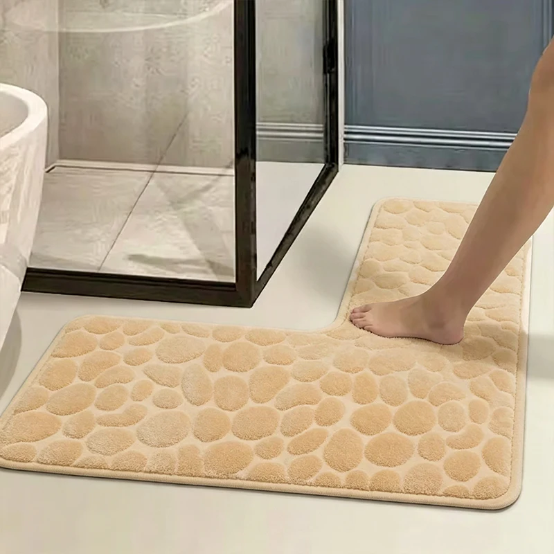 Corner L-Shape Quick Dry Bath Mat Memory Foam Non-Slip Rug High Absorbency Cobblestone Floor Mat for Kitchen Living Room Area