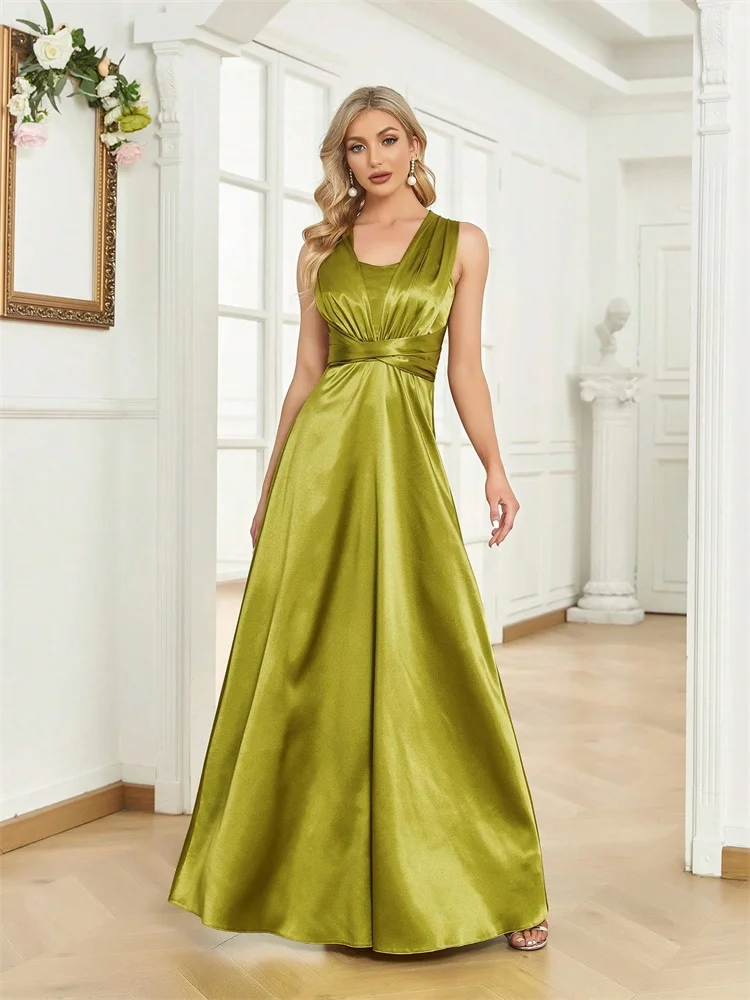 

BLUEPLUM Luxury Sexy V-BACK Green Evening Celebrity Dresses Elegant Ruched Side Straps Ribbons Long Satin Party Cocktail Gowns