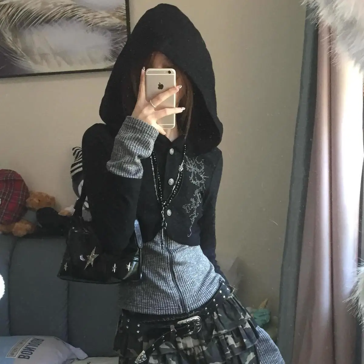 

Aesthetic Hoodies Gothic Top Women Clothing Zip Up Rhinestone Slim Oversized Hooded Punk Sexy Korea Sweatshirt Kawaii Girl Coat