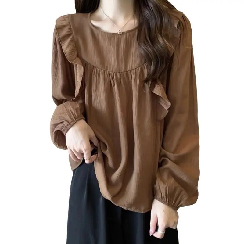 Ruffles Shirts and Blouses Korea Solid Elegant and Youth Woman Blouses Female Top Long Sleeve Chiffon Autumn Clothes 2024 New