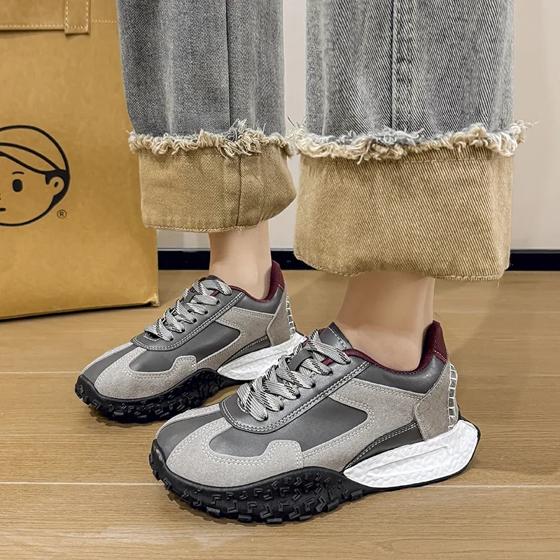 Sepatu Wanita 2025 Sepatu Vulkanisasi Wanita Bertali Sepatu Platform Ujung Bulat Sepatu Wanita Kasual Luar Ruangan Warna Campuran