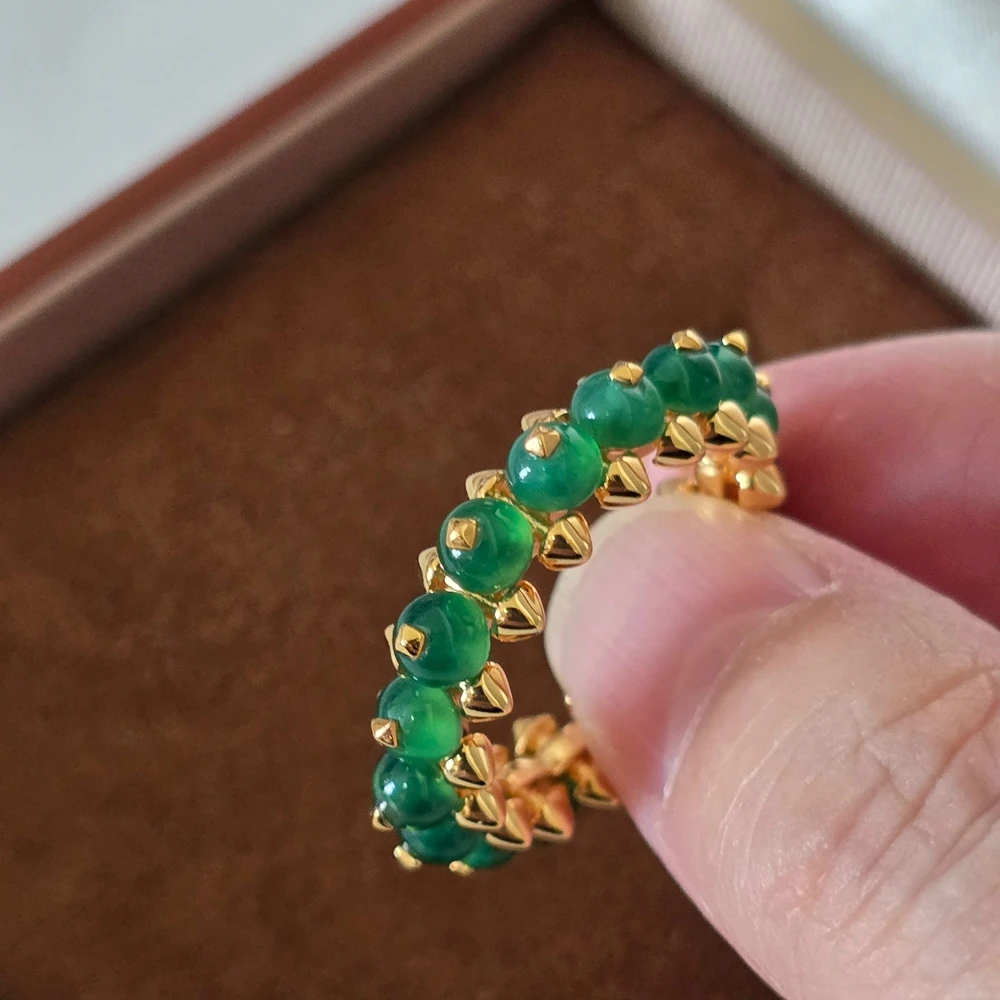 High Craft New 925 Sterling Silver Green Agate Rivet Rings 18k Gold Plated Fine Luxury Jewelry For Women