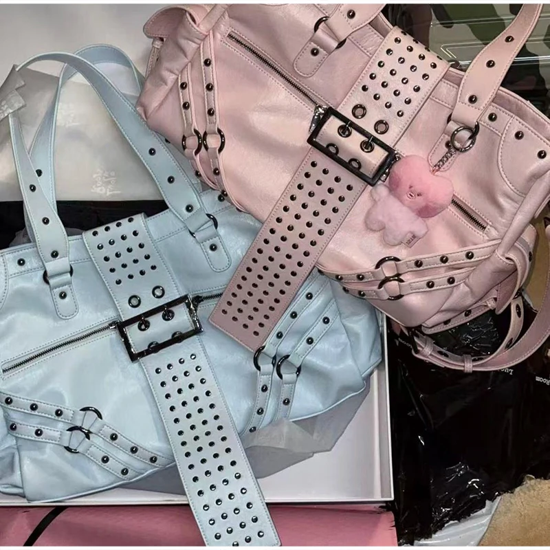 Y2k Nieten-Gürtelschnallen-Handtasche, Damen Motorrad Biker Punk-Stil Metall-Nieten-Schultertasche, Koreanische Y2k Mädchen Reißverschluss-Tragetasche – Detail 6
