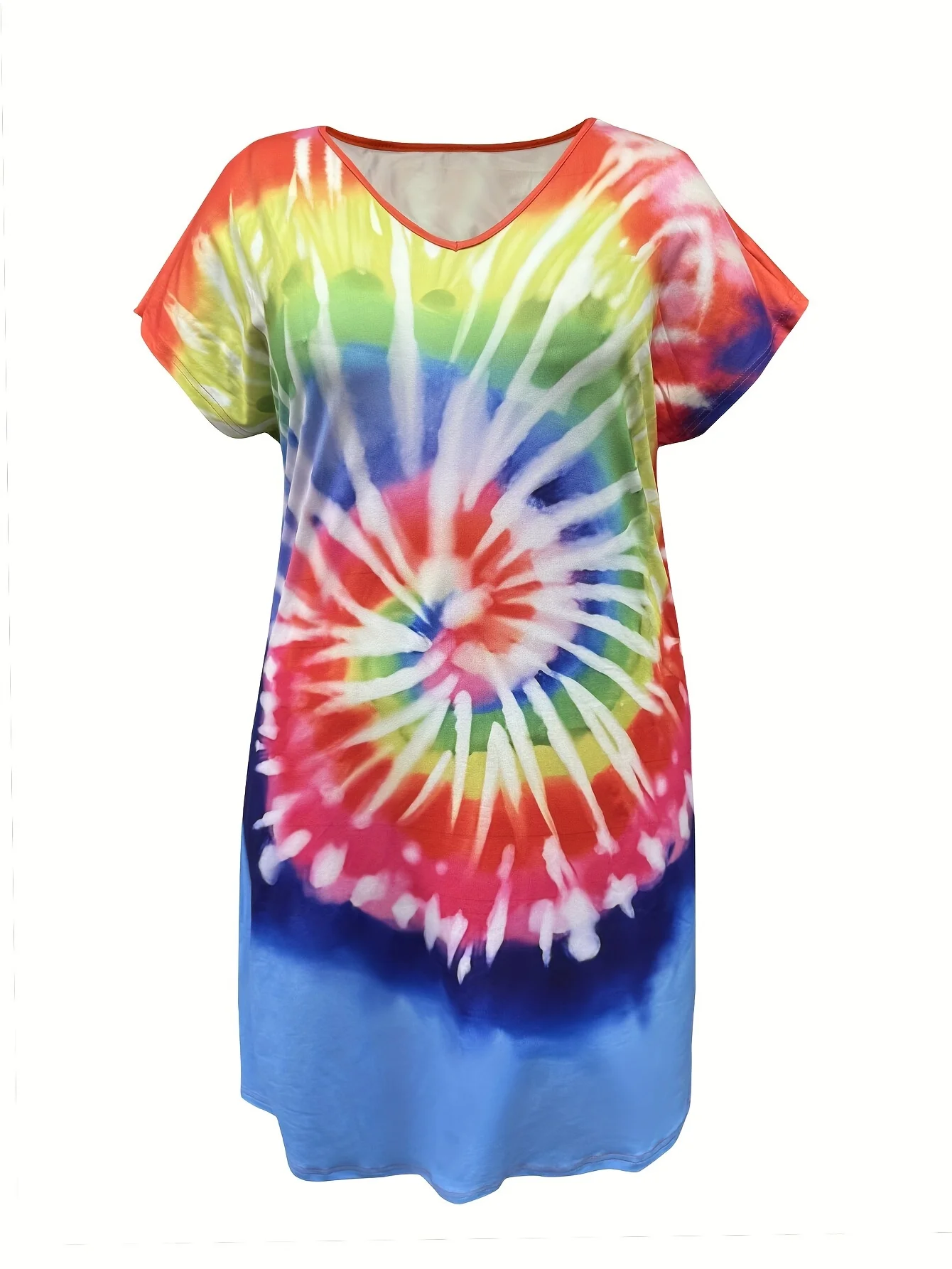 Plus Size1XL-5XLV-collar T-shirt Dress Unique Fashion Rainbow Print High Elasticity Comfortable Slightly Loose Popular Trend