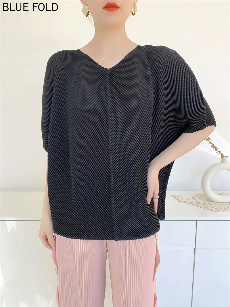 MIYAKE 2025 تي شيرت نسائي صيفي مطوي مريح كاجوال فضفاض برقبة دائرية وأكمام قصيرة