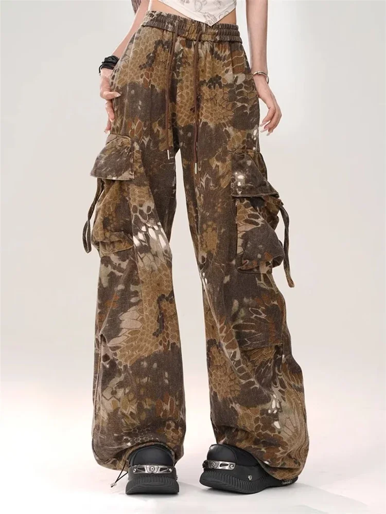 

Women's Drawstring Tied Serpentine Camouflage Thin Pants Retro Hip Hop Street Bottoms Female Wide Leg Cargo Unisex Trousers