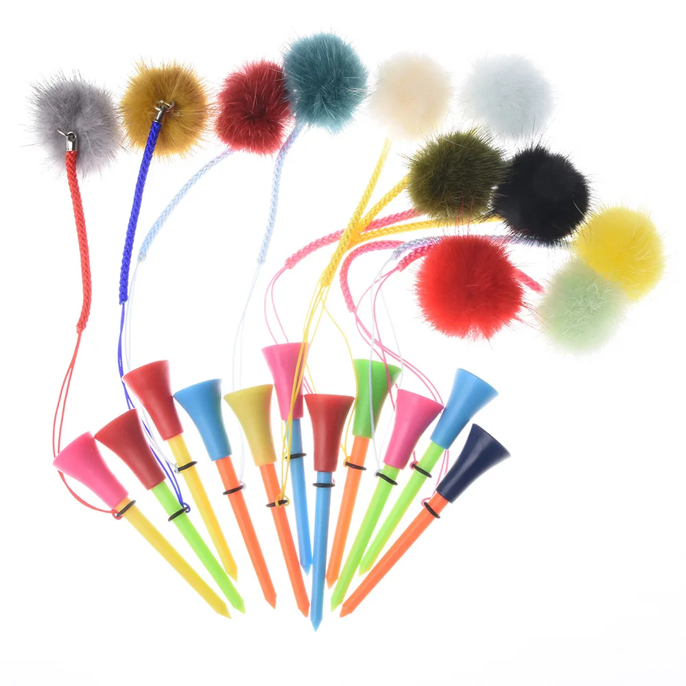 10 Pcs/set Plastic Golf Tee with Mink Hair Pendant, Anti-Lost Cord, for Golf Training, 8x12cm Ball Holder, NOTE Random Colors