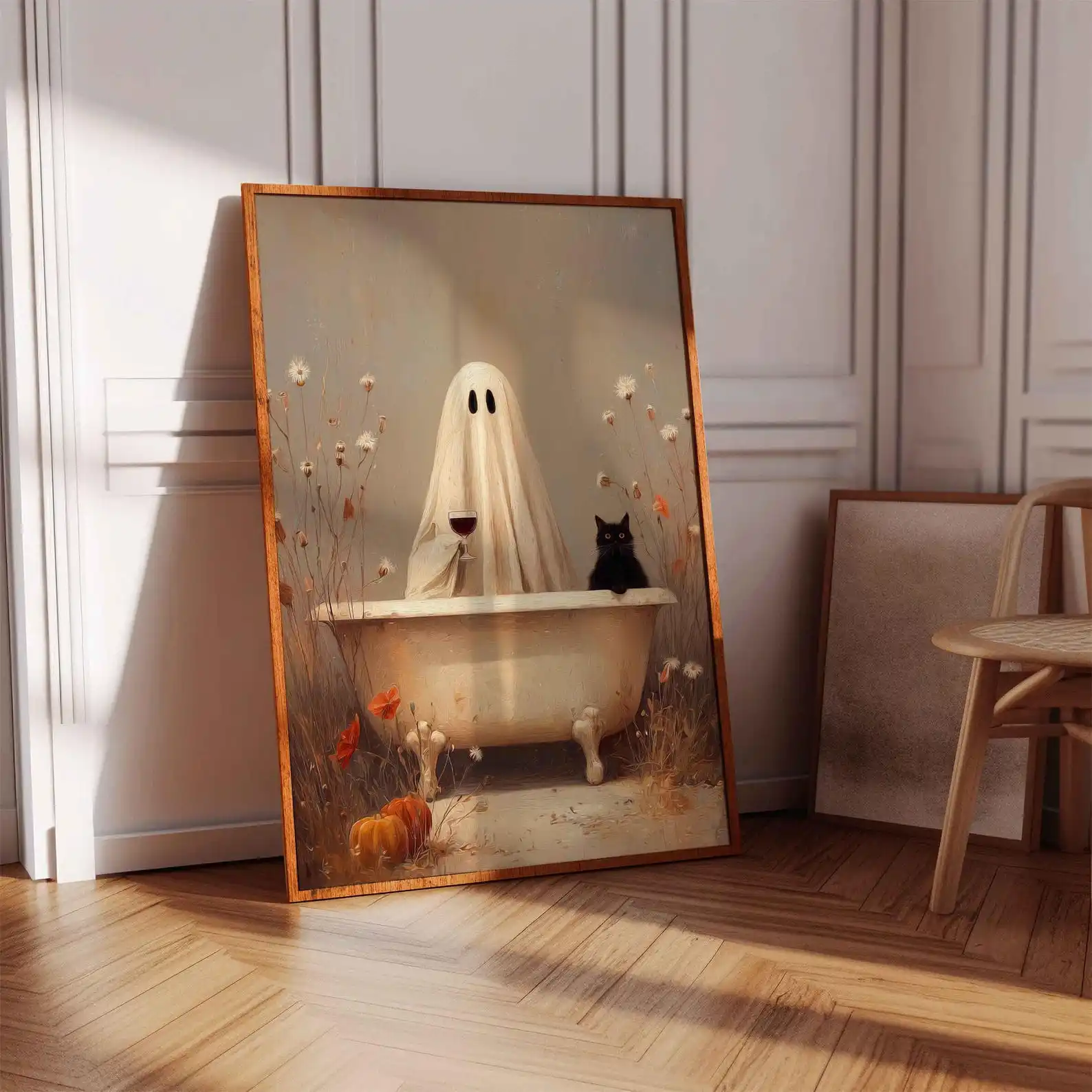 Whimsical Halloween Poster Cute Ghost in Bathtub with Black Cat Cozy Autumn Wall Art with Pumpkins Vintage Style Spooky Print