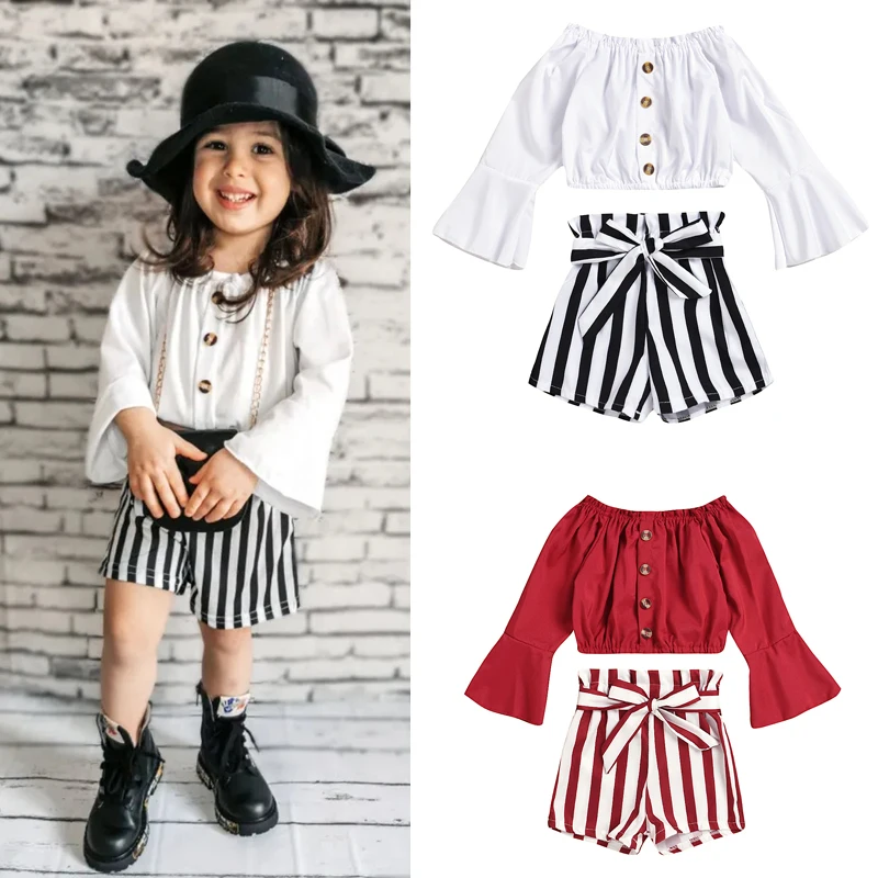 

Summer Kids Girls Clothes Set Flare Long Sleeve Off Shoulder Crop Elastic Tops Striped Short Pant Baby Outfit 2Pcs Children A432