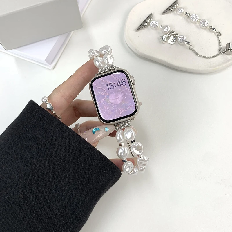 Slim Metal Strap for Apple Watch Band 45mm 41mm 49mm 6 4 5 Pearl Bracelet for iWatch Serie 7 8 SE 44 42 40mm Jewelry Accessories