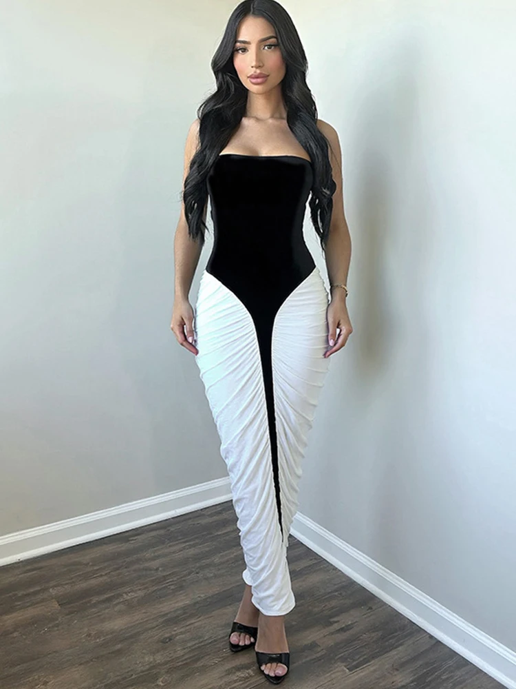

Oniflyme Strapless Contrast Patchwork Maxi Dress Women Elegant Slash Neck Backless Bodycon Ruched Partywear Sexy Lady Robes