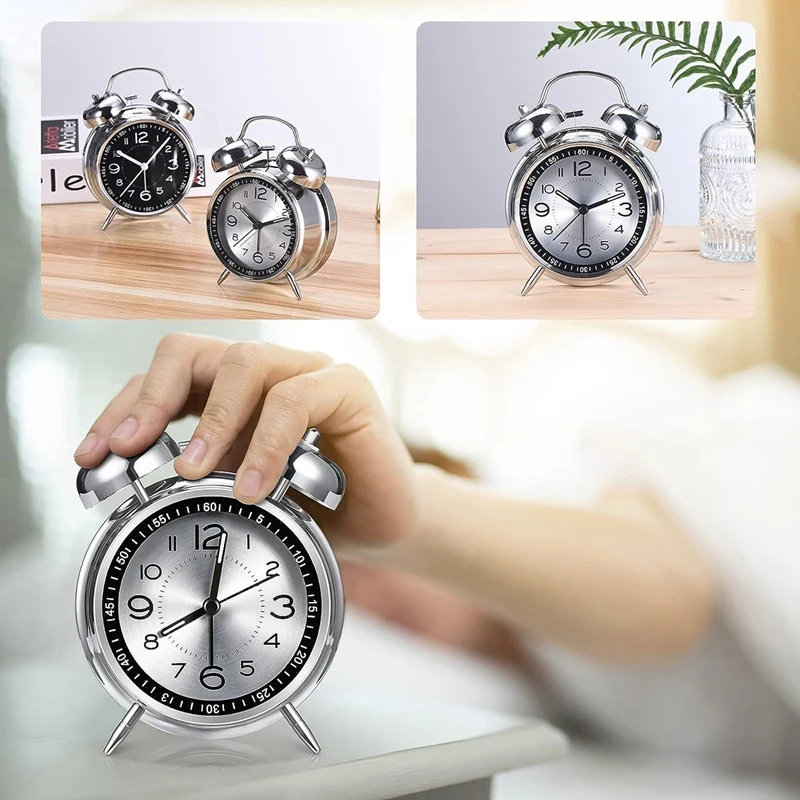 4 Inch Retro Loud Alarm Clock Silent Non-Ticking Quartz With Backlight, Twin Bell Alarm Clocks For Bedrooms Bedside