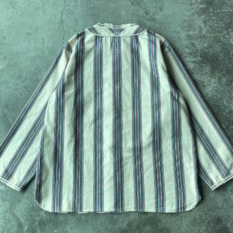 VISVIM DUGOUT SHIRT (N.D. STRIPE) Striped collarless shirt