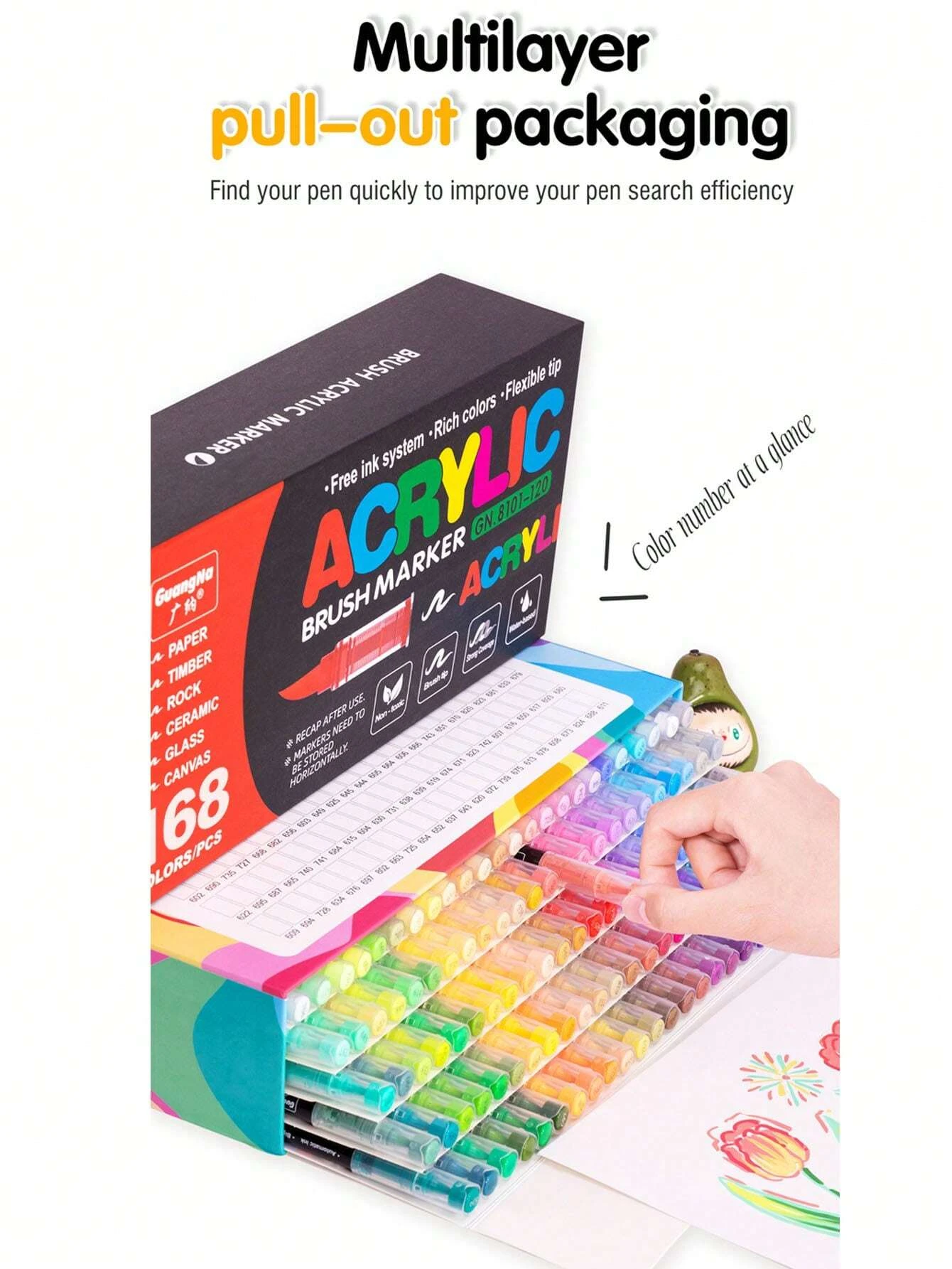 12/24/36/48/60/72/120/168 Colors Liquid Acrylic Marker Pens,Brush Soft Tip Juicy Ink Art Supplies For Art Students,Guang Na.8101