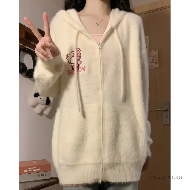 Sanrio Hello Kitty New Cardigan Tops Hooded 2000s Aesthetic Soft Knitted Sweatshirt Women Cute Zipper Sweaters Female Cloting