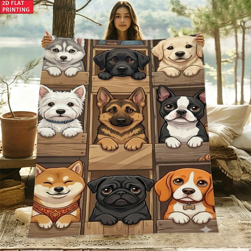 Multiple Puppy Breeds Wooden Crate Arrangement Fleece Blanket For Pet Lover Bedroom Decor Lightweight Plush Throw Blanket Accent