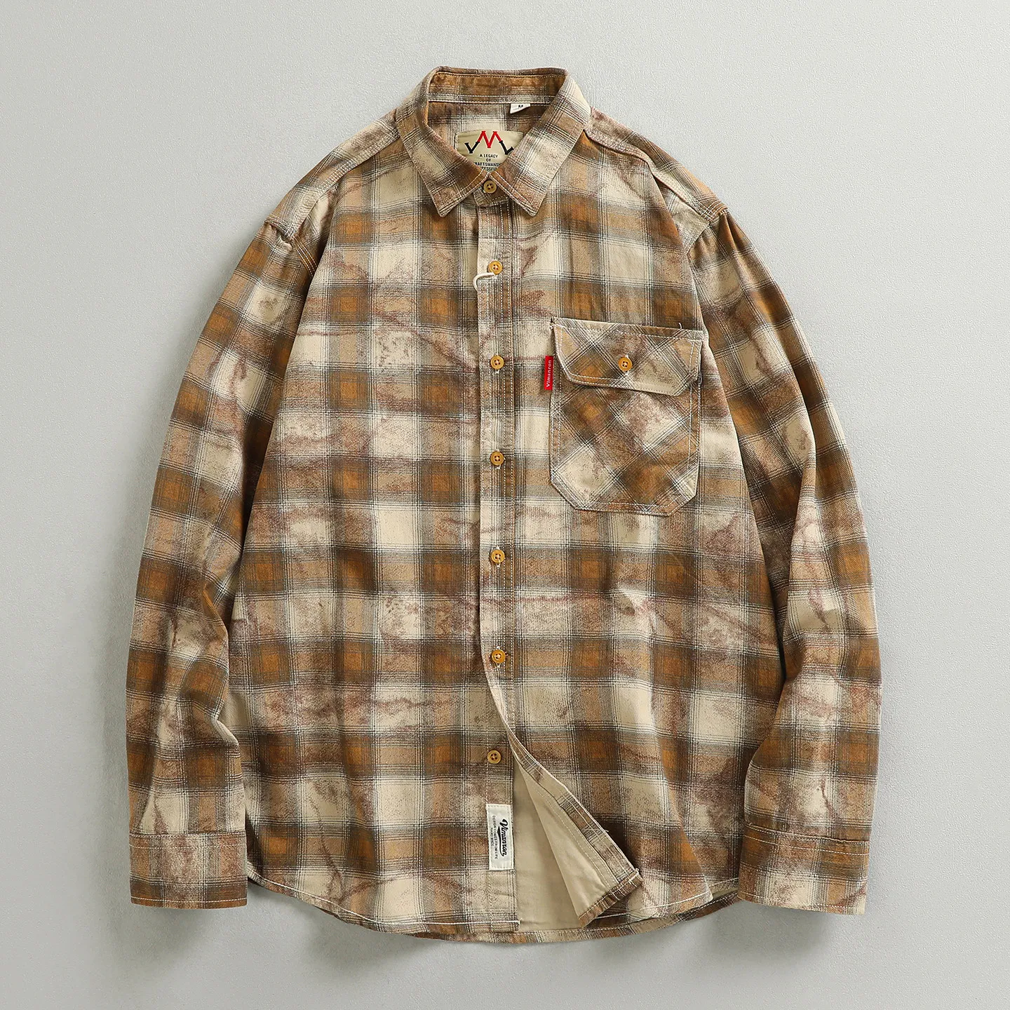Spring and Autumn's new men's trendy checked retro workwear shirt, washed and aged shirt jacket