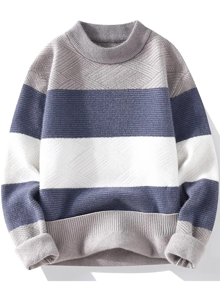 

Men's round Ne Knitted Sweater Thi Warm Winter Inner Wear T-irt Color Blo Striped Casual Loose Fit Long Sve Top