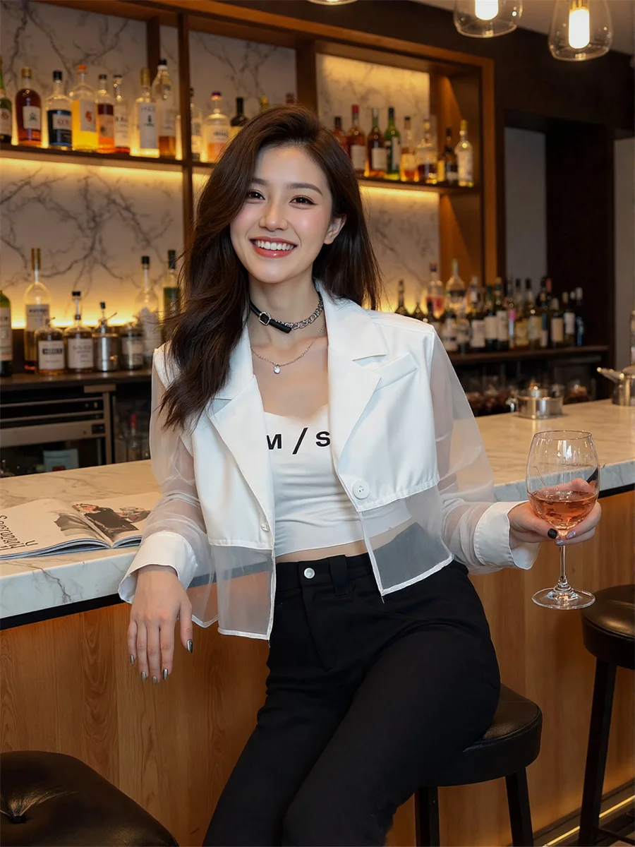 Sun-proof Cropped See-through Back-Slit Blazers Elegant Woman Clothes For Women Temperamet Slim-Fit Crew-Neck Zip Shimmer Splied