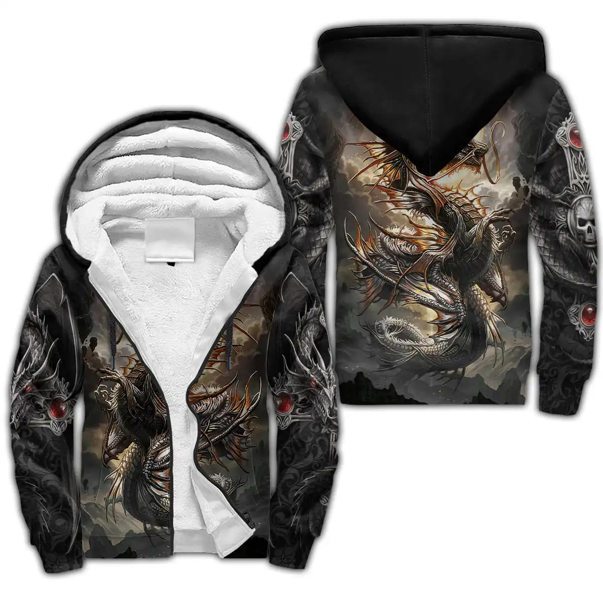 Red & Black Skull Dragon Tattoo 3D Printed Mens Winter Thicker Zip Hoodie Unisex Casual Hooded Tracksuit Warm Fleece Jacket KD20