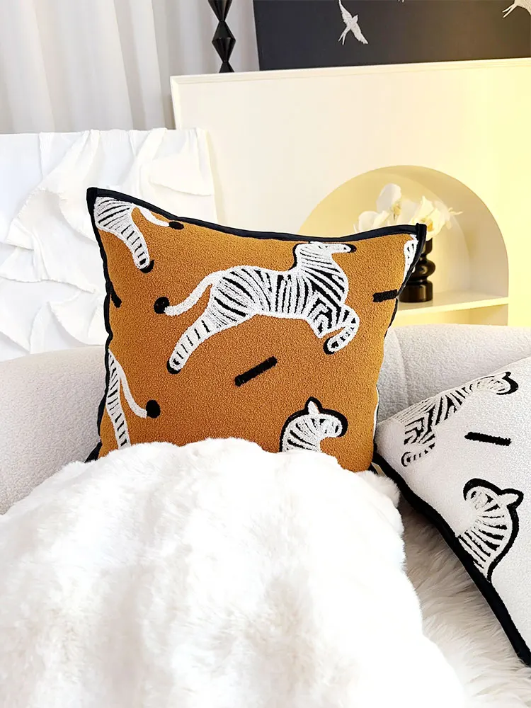 

Embroidered Zebra Pattern Pillow Orange Soft Decorative Cuion for Sofa Living Room Modern Simplici Home Textile